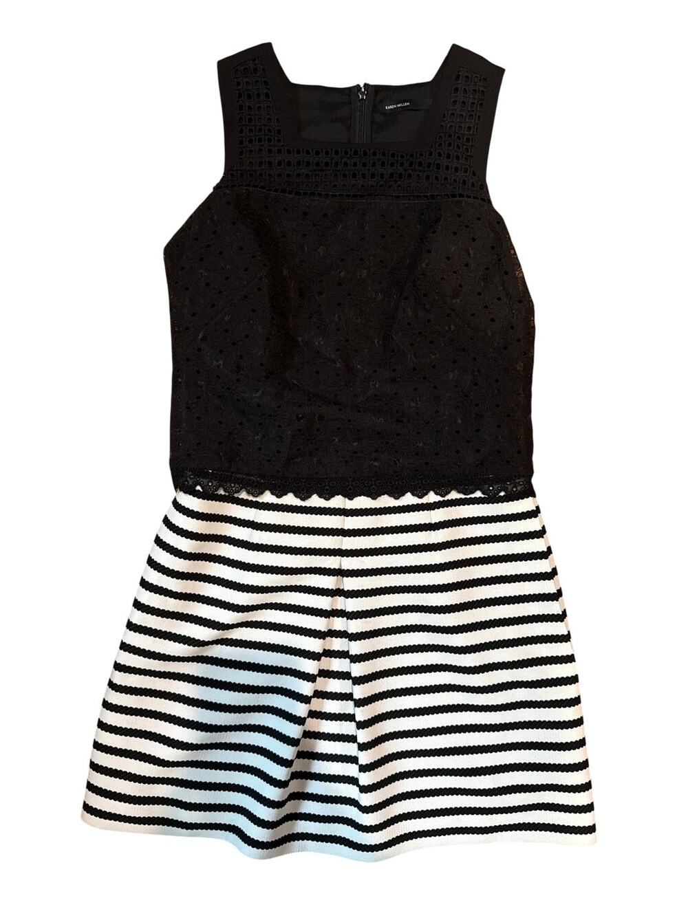 Karen Millen Dress US 6 Black Ivory Eyelet Lace Stripe Fit Flare Cocktail